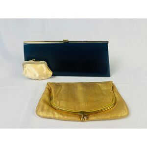 Vintage Foldable Clutch Purse Handbag Lot Navy Gold Neustetters Denver Clasp